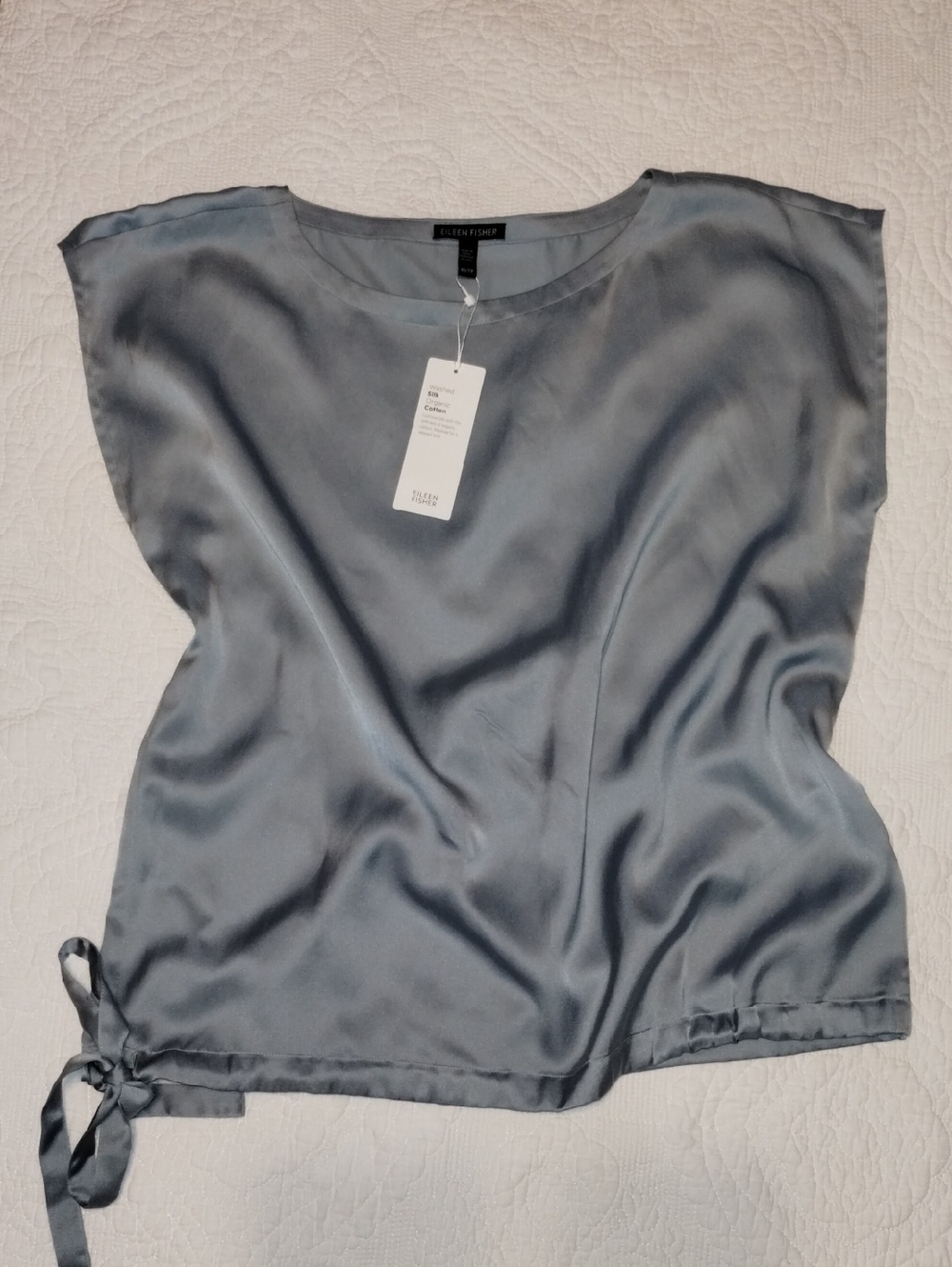 Eileen Fisher Silver-Gray Satiny Silk Cap-Sleeve Tie-Hem Blouse